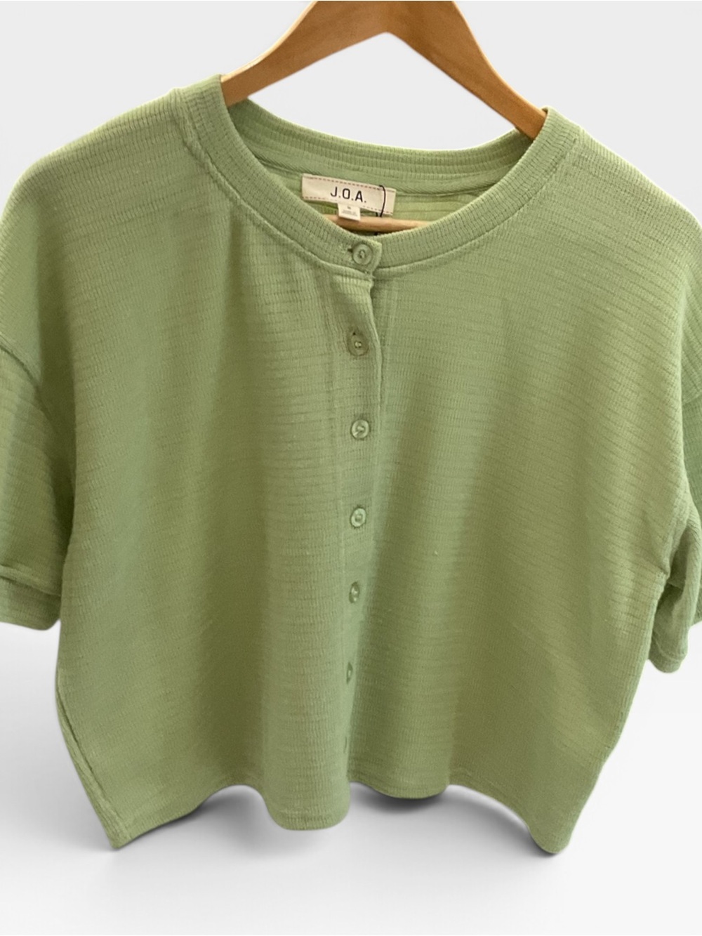 J.O.A. Short Sleeve Sage Green Button-Front Knit Top
